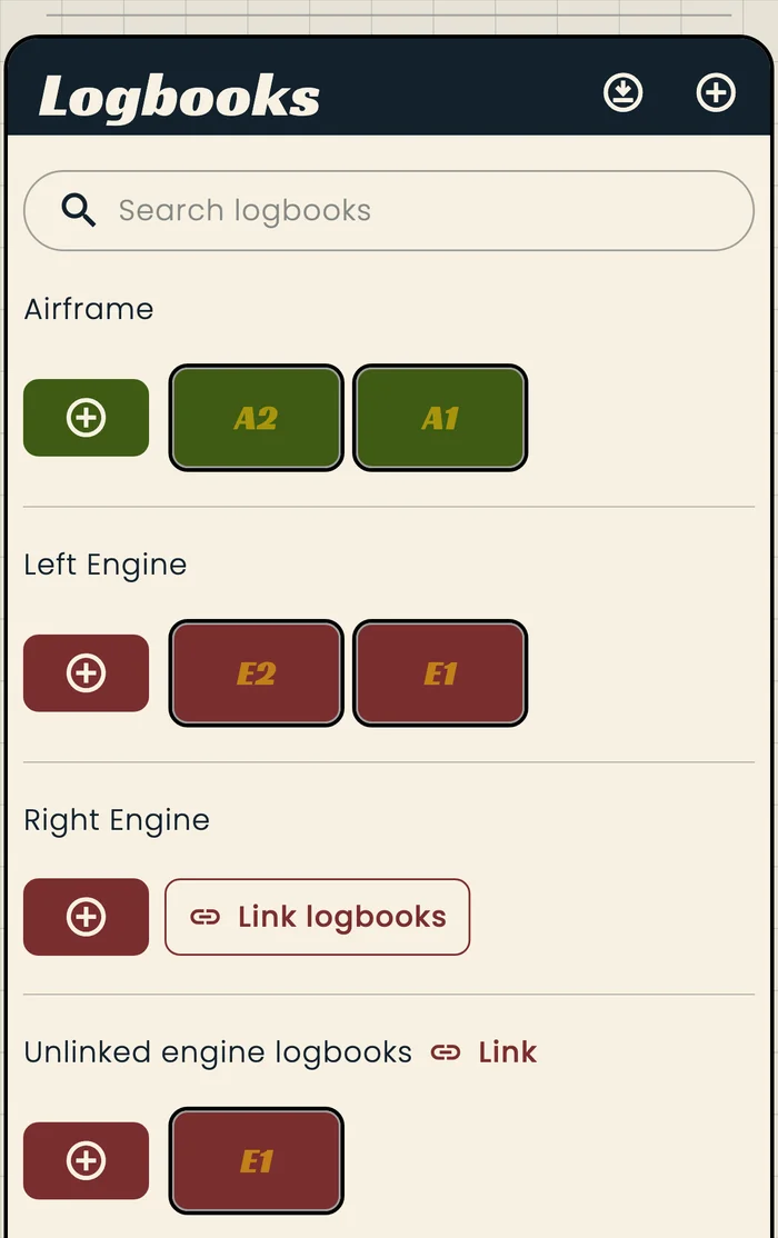 Logbooks list for a test twin with separate rows for Airframe, Left Engine, Right Engine, and Unlinked engine logbooks. The empty Right Engine row shows a Link logbooks button.