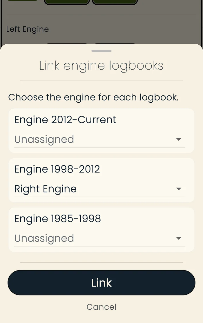 Link engine logbooks sheet with three older engine logbooks, 2012-Current, 1998-2012, and 1985-1998, each with a dropdown to choose its engine. The 1998-2012 logbook is set to Right Engine.