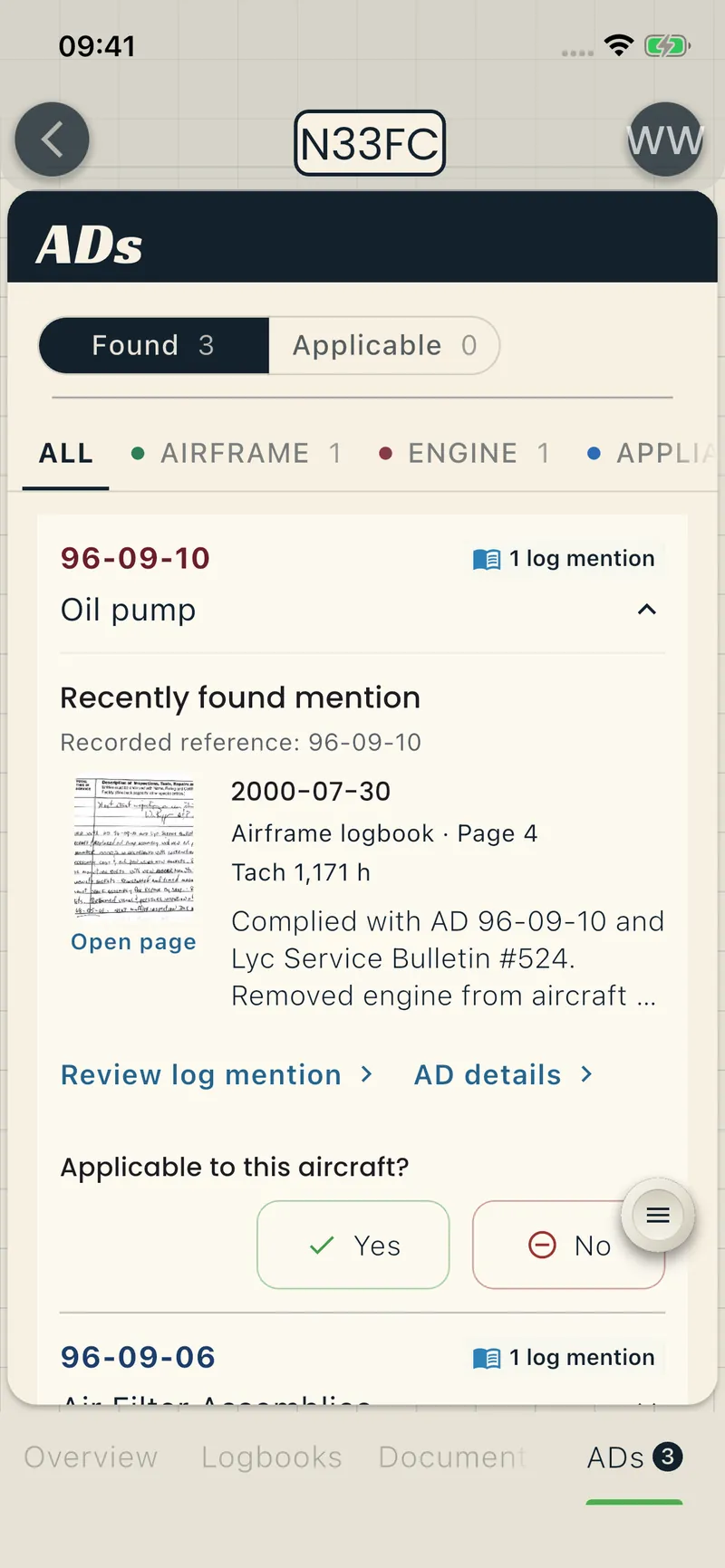 Expanded AD row showing a logbook mention, source thumbnail, and AD details action