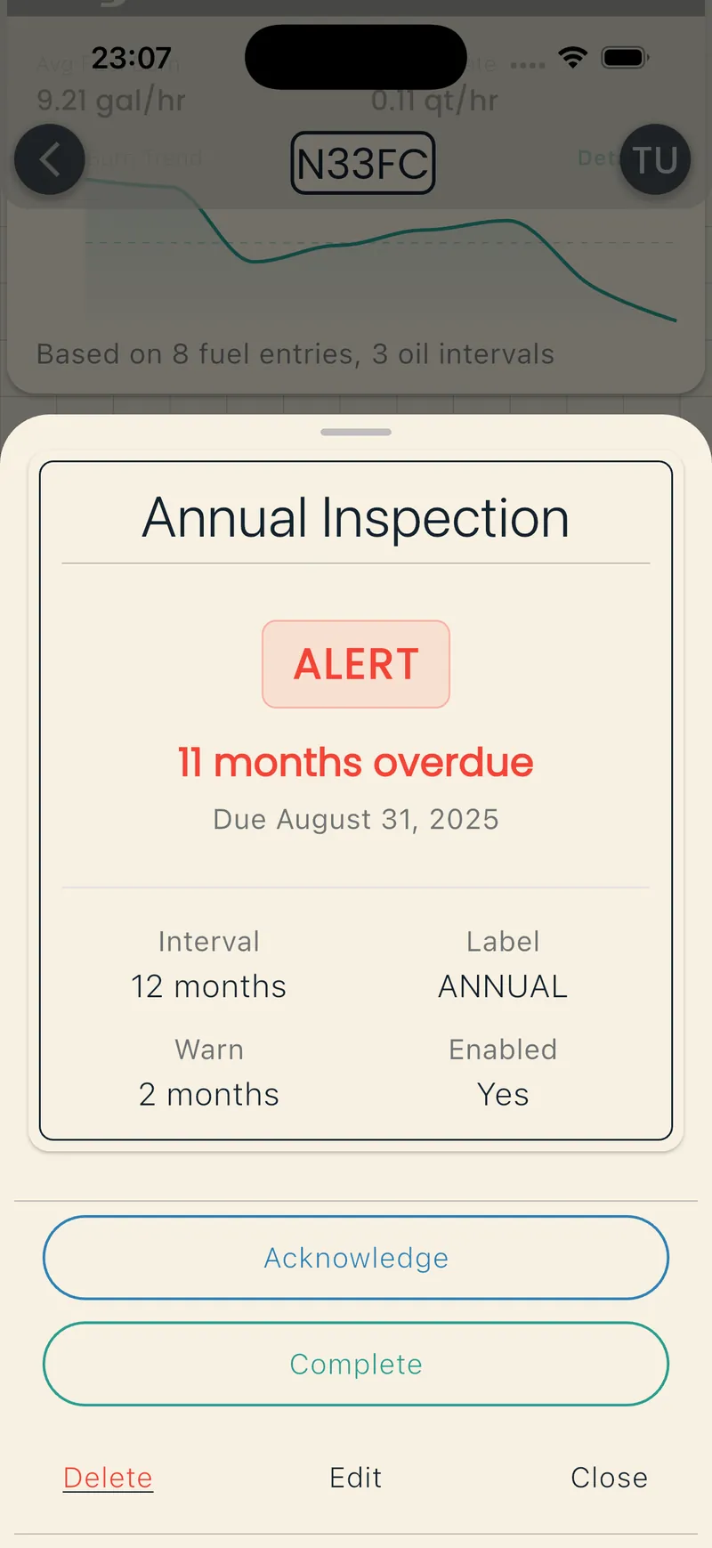 Alert detail sheet for Annual Inspection showing overdue status and action buttons