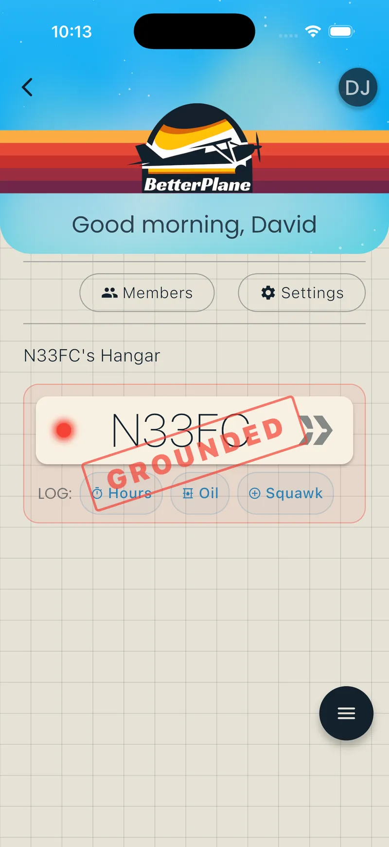 Hangar card with GROUNDED stamp on aircraft