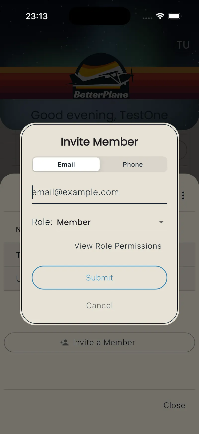 Invite Member dialog with email field, role dropdown, and contact type toggle
