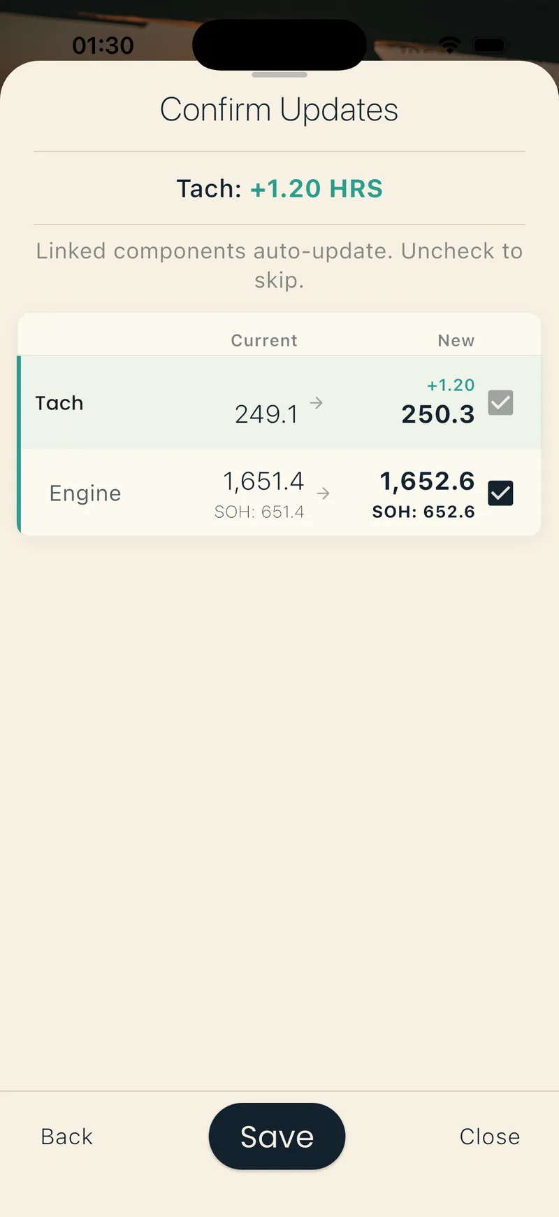Confirm screen showing Tach and Engine with current and new values