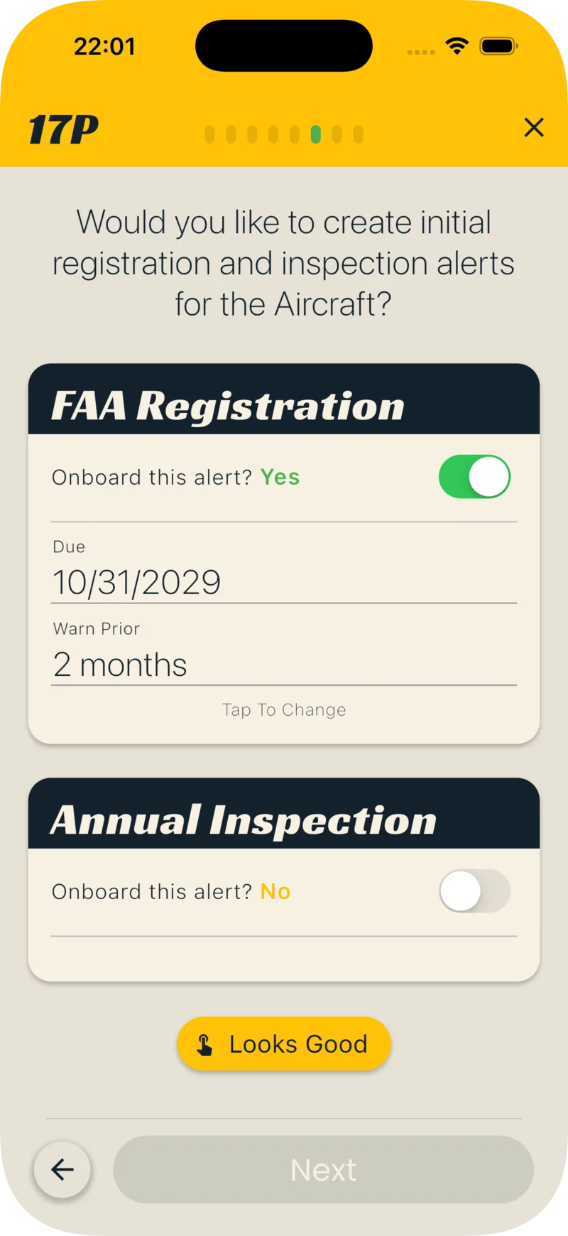 Alerts step with the FAA Registration alert on and the Annual Inspection toggle