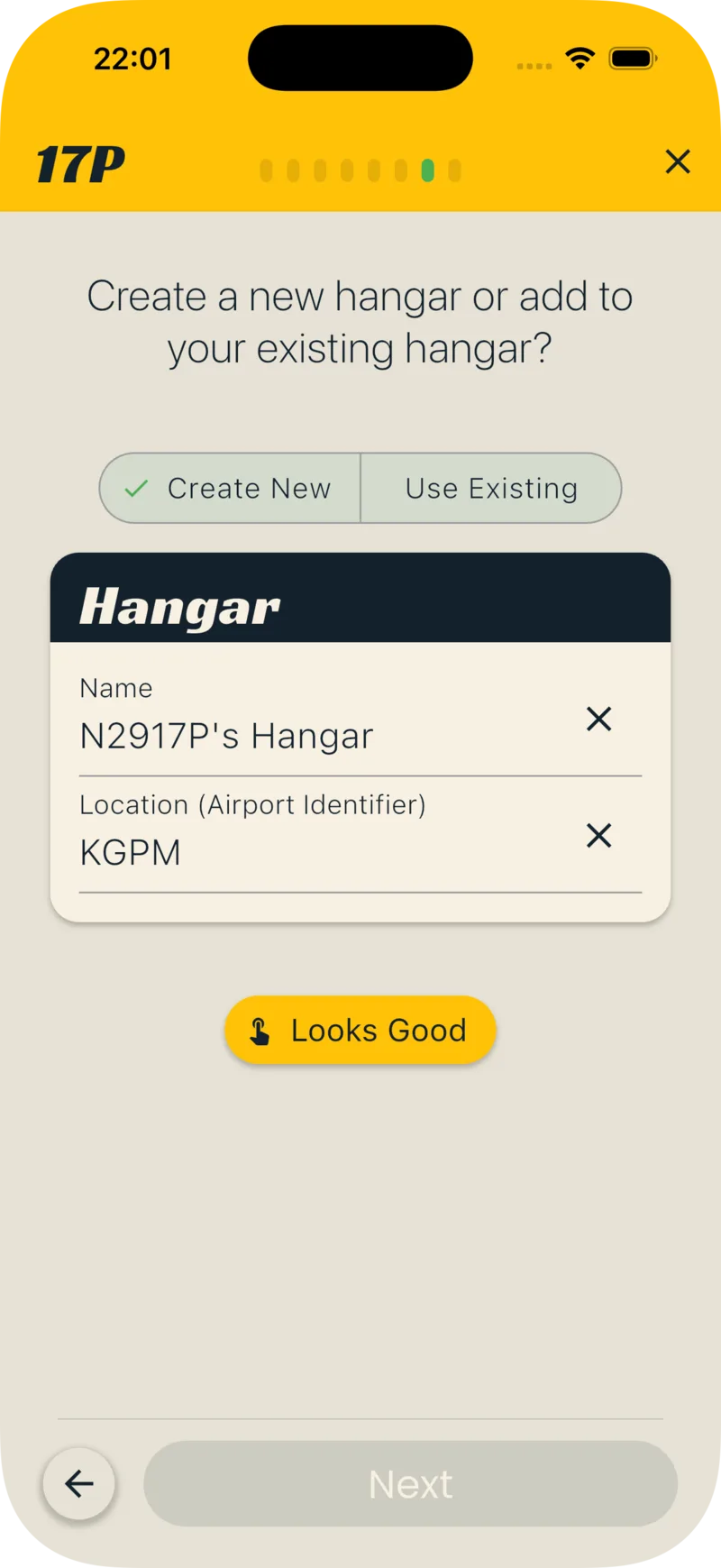 Hangar step with Create New selected, showing the name and airport fields