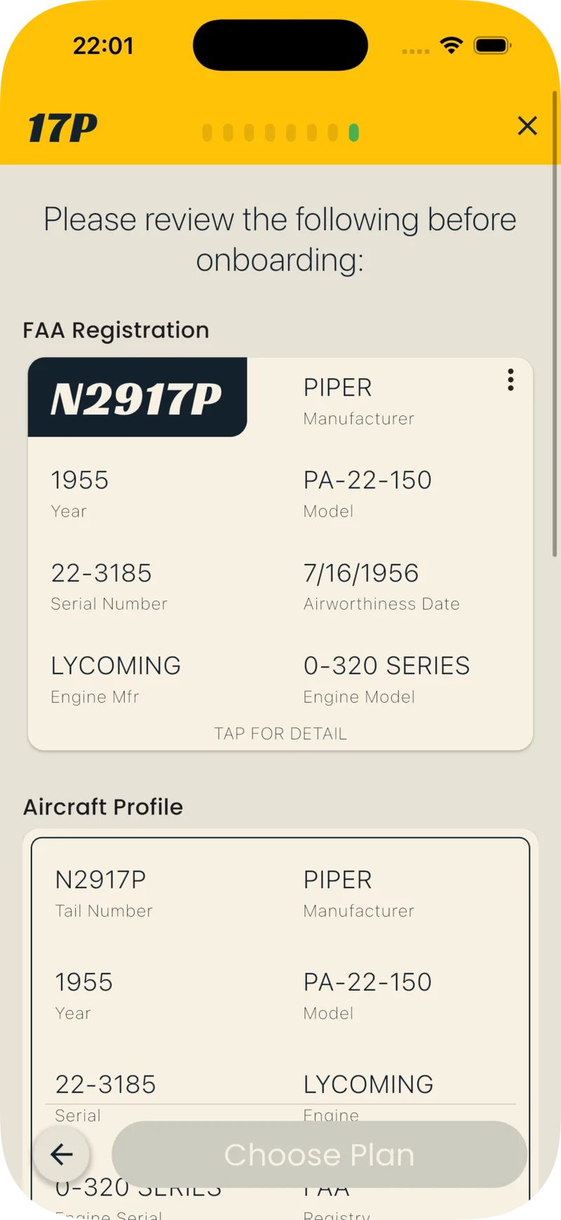 Review screen showing the FAA Registration and Aircraft Profile sections