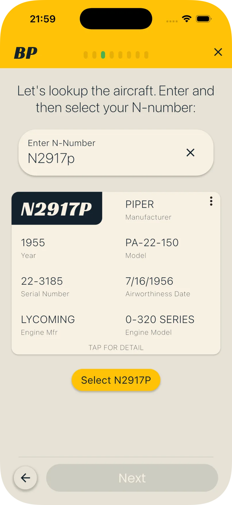 Search result card with the Select button showing the tail number