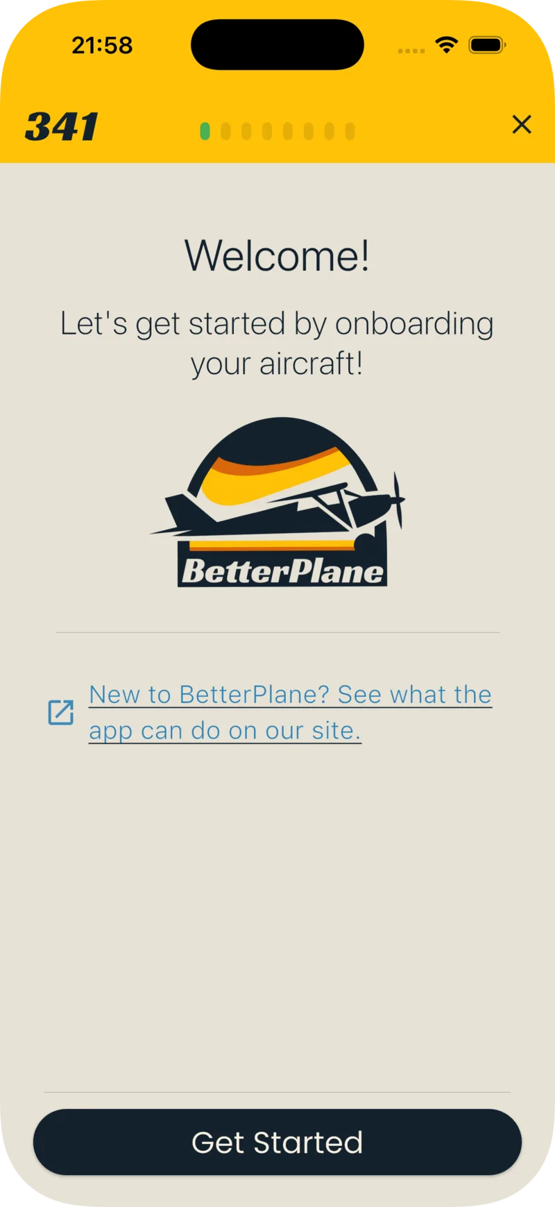 Welcome screen with Get Started button