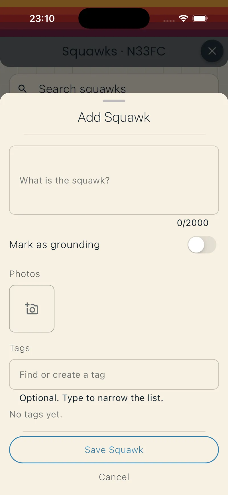 Add squawk form with description, grounding toggle, photos, and tags