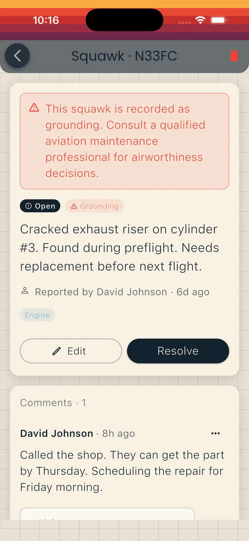 Squawk detail with grounding banner, status chips, and comment thread